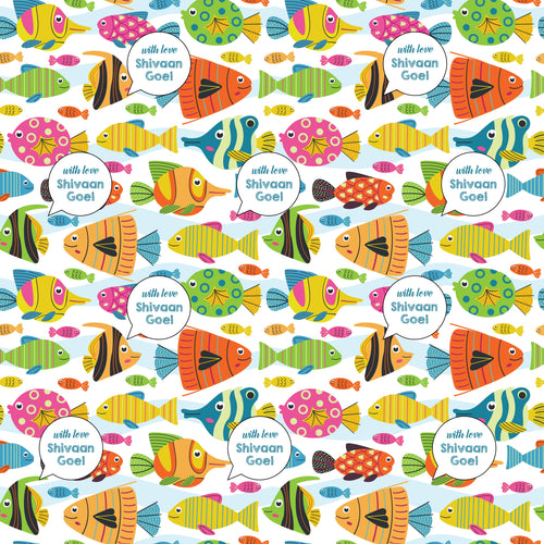 A colorful ocean-themed personalised wrapping paper with various fish and a text section for personalization.