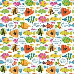 A colorful ocean-themed personalised wrapping paper with various fish and a text section for personalization.