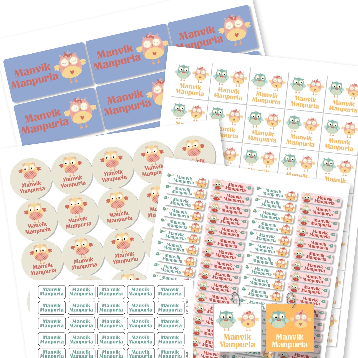 Assorted owl-themed name labels in various shapes and colors, with the text 'MANLVIK MANPORIA' prominently displayed.