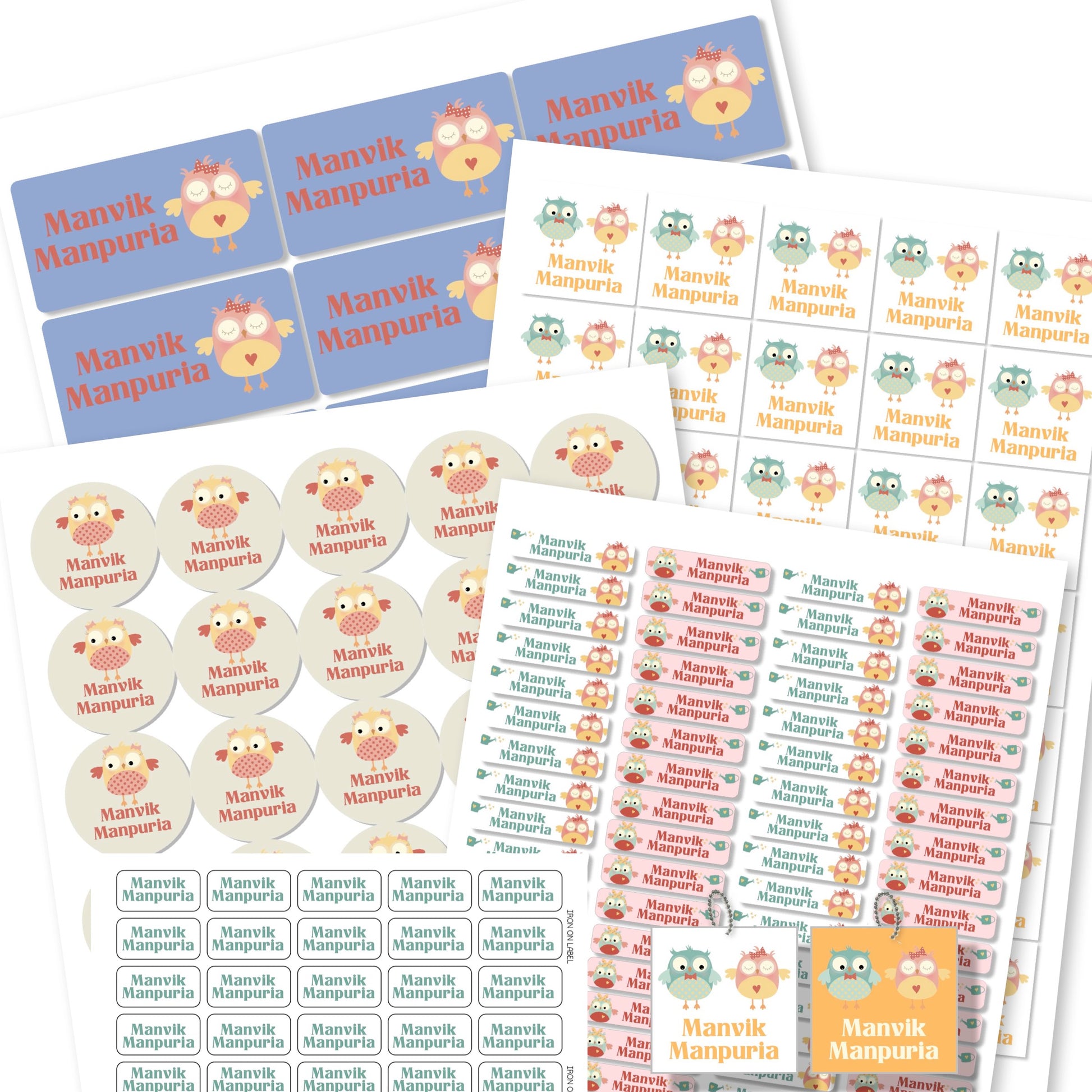 Assorted owl-themed name labels in various shapes and colors, with the text 'MANLVIK MANPORIA' prominently displayed.