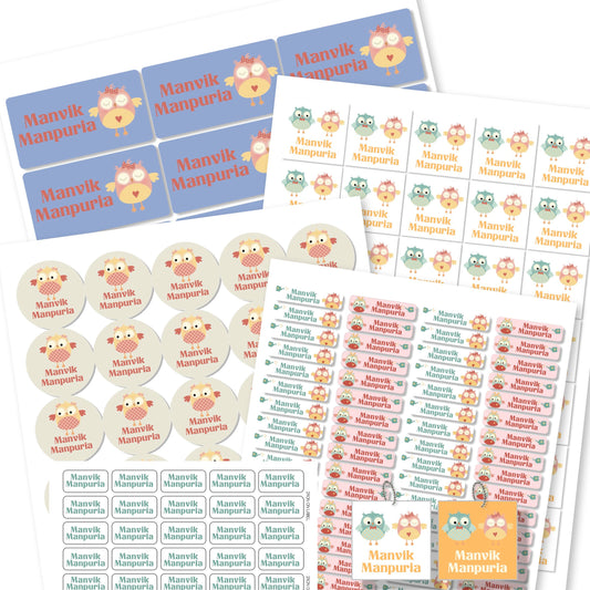 Assorted owl-themed name labels in various shapes and colors, with the text 'MANLVIK MANPORIA' prominently displayed.