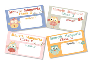 Four adhesive book labels in pastel shades with a cute owls theme, featuring different characters and class names.