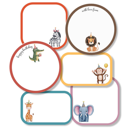 A set of colorful party-themed stickers featuring various animals and birthday-related designs.