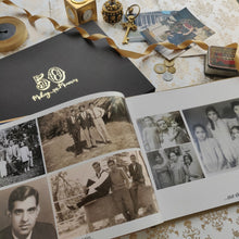  a printed photo book featuring old black and white photos of young people with some colour photographs in the background