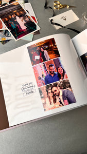 open page of a photobook with 3 photo graphs of a happy couple