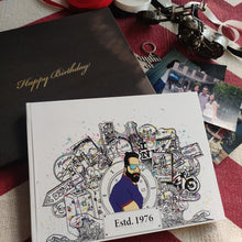 Photobook cover with a hand drawn illustration of a young man surrounded by the things he loves