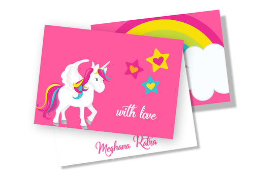 Pink card with a unicorn design and colorful stars on a white background