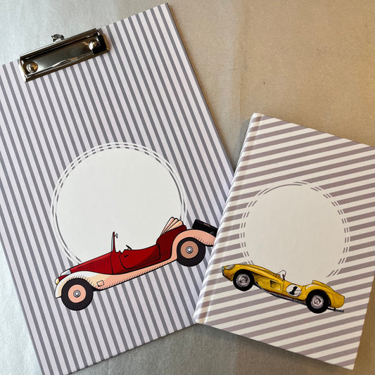 Customized school set with  cars, including a notebook, a clipboard, each with personalized name 