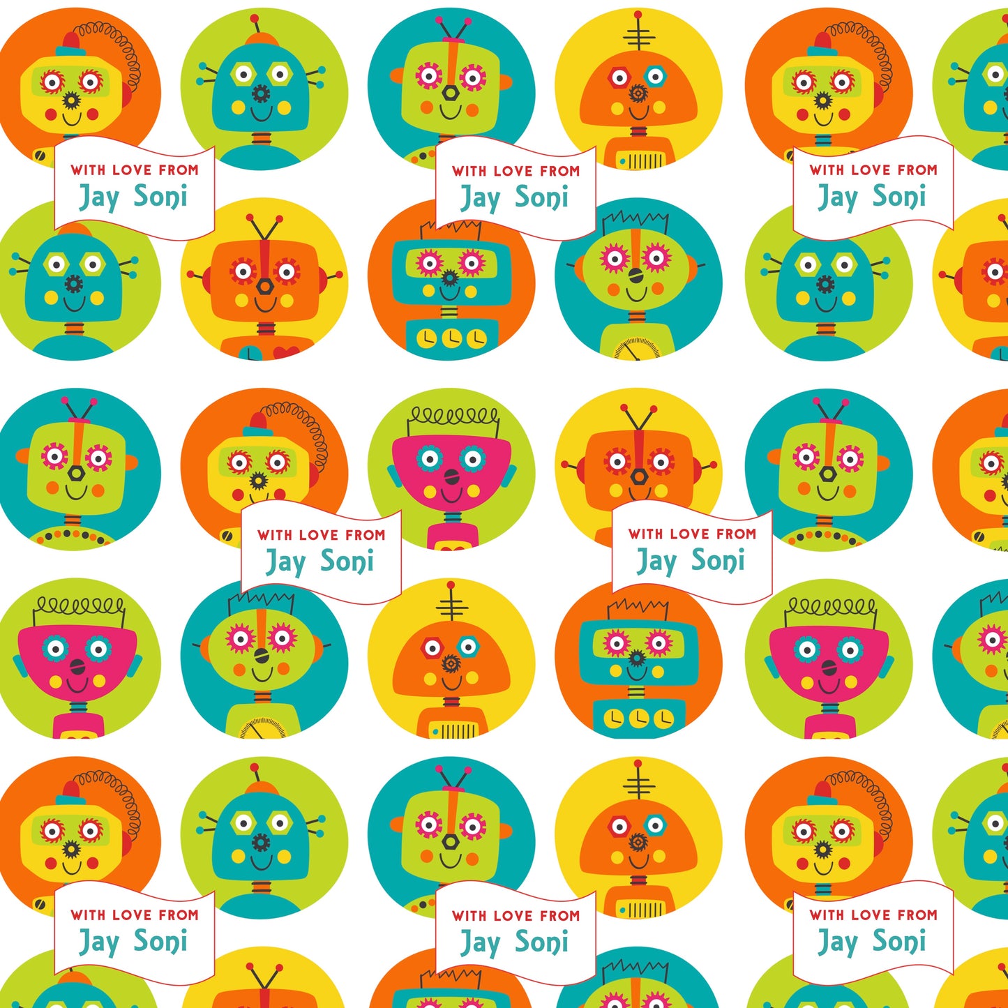 A colorful personalised wrapping paper with cartoon robot designs and the text 'With love from Jay Soi'.