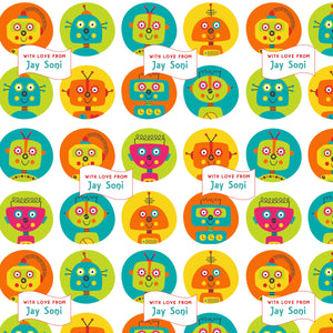 A colorful personalised wrapping paper with cartoon robot designs and the text 'With love from Jay Soi'.
