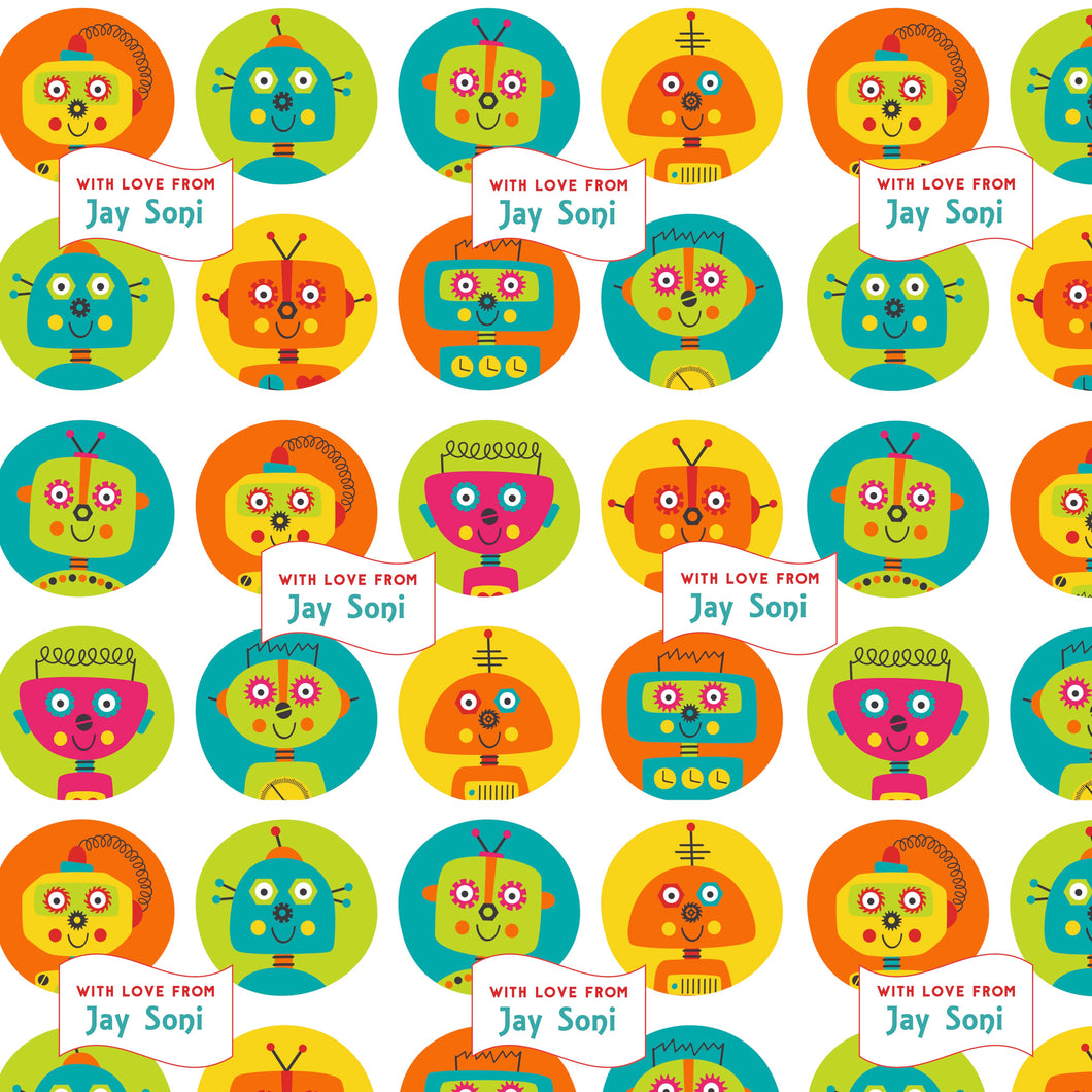 A colorful personalised wrapping paper with cartoon robot designs and the text 'With love from Jay Soi'.