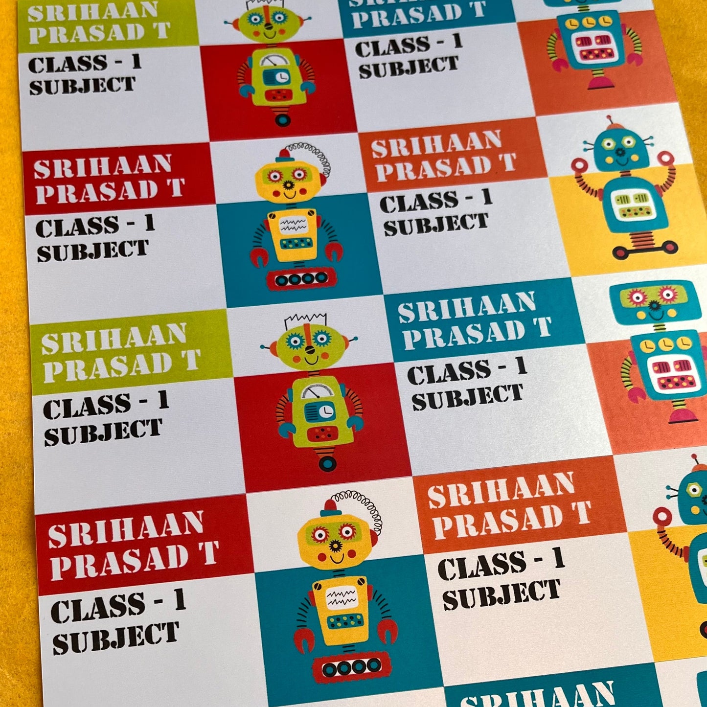 book labels personalised set of 4 different designs all with robot theme in bright