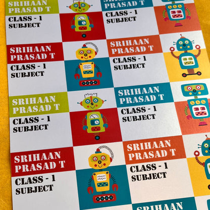 book labels personalised set of 4 different designs all with robot theme in bright