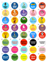 Collection of colorful circular stickers with various designs and text.