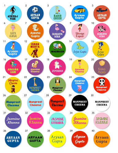 Collection of colorful circular stickers with various designs and text.
