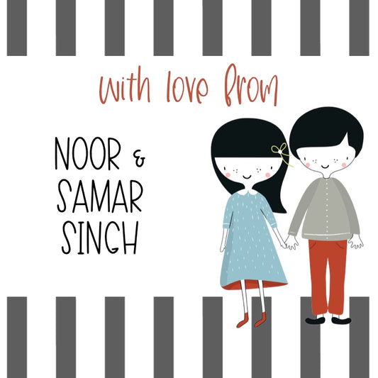 Illustration of a gift label of a boy and girl holding hands with text 'With love from " on a striped background