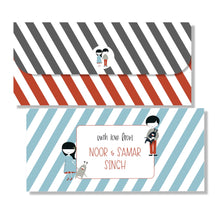 Two envelopes with striped designs and cartoon characters on a white background