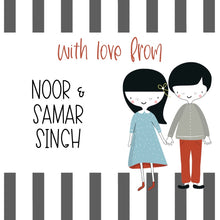 Illustration of a gift label of a boy and girl holding hands with text 'With love from " on a striped background