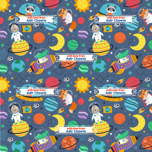 animals in space planets stars wrapping paper design