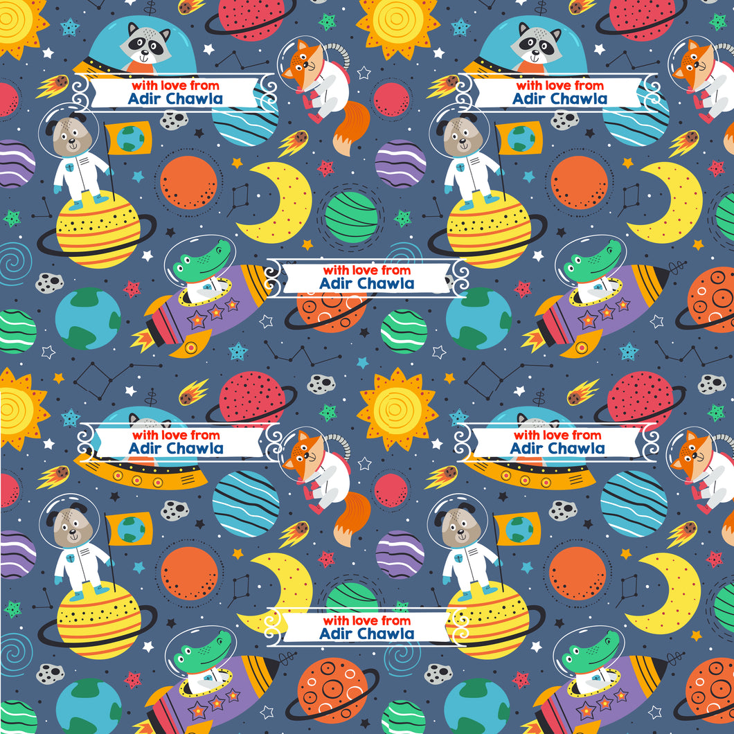 animals in space planets stars wrapping paper design