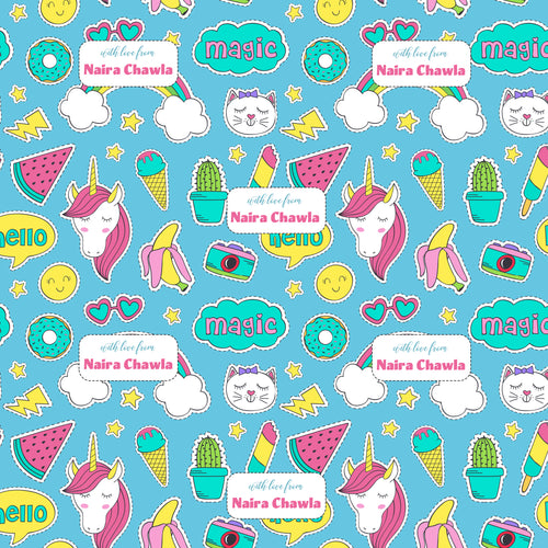 wrapping paper with cute stickers unicorns icecream, kitten cactus