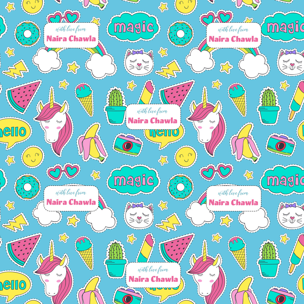 wrapping paper with cute stickers unicorns icecream, kitten cactus