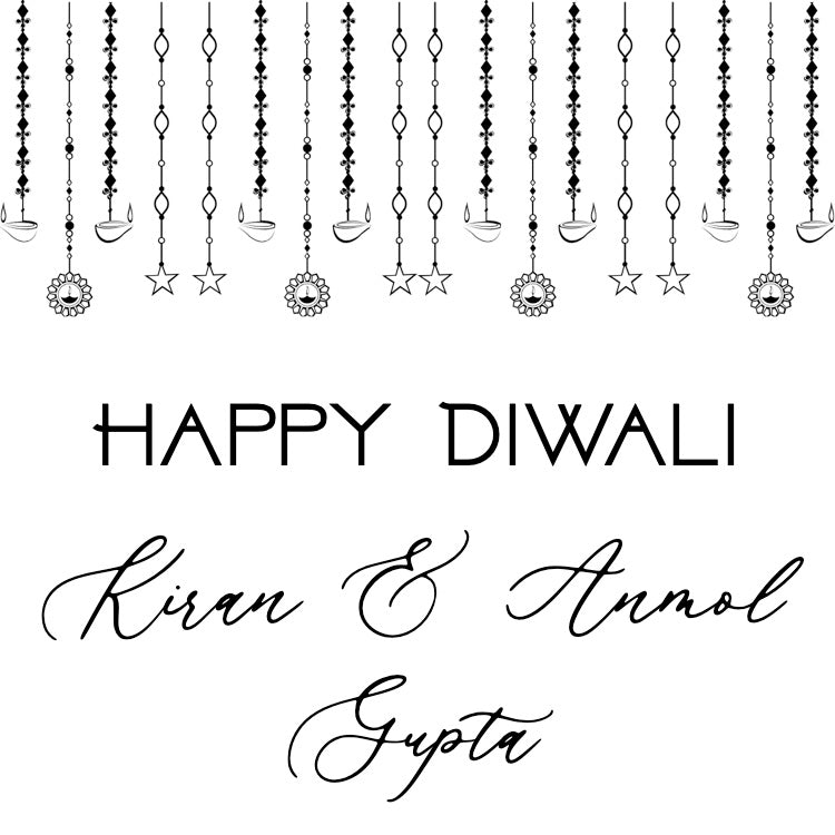 Decorative greeting card with 'Happy Diwali' text and hanging ornaments on a white background.