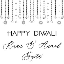 Decorative greeting card with 'Happy Diwali' text and hanging ornaments on a white background.