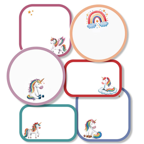 A collection of various shaped stickers with unicorn and rainbow themes, intended for use as gift labels or in crafts.