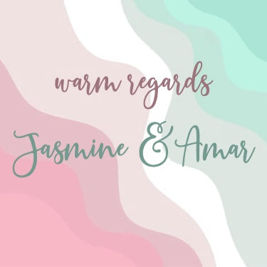 A sample image showing a waves-themed gift label with personalized text 'warm regards Jasmine & Amar'.