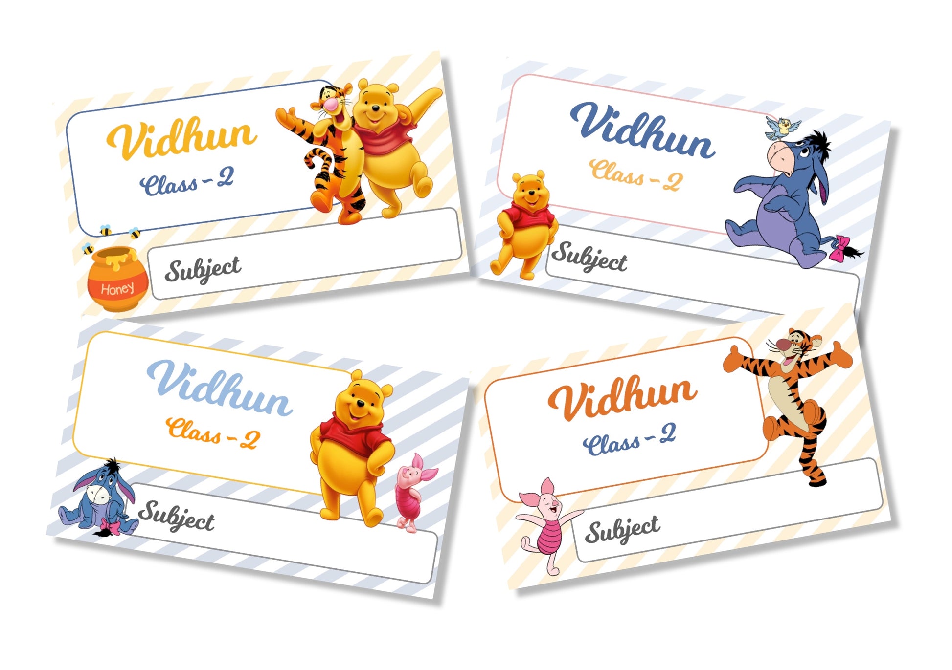 Set of adhesive book labels featuring Winnie the Pooh and friends with space for a child's name and class level.