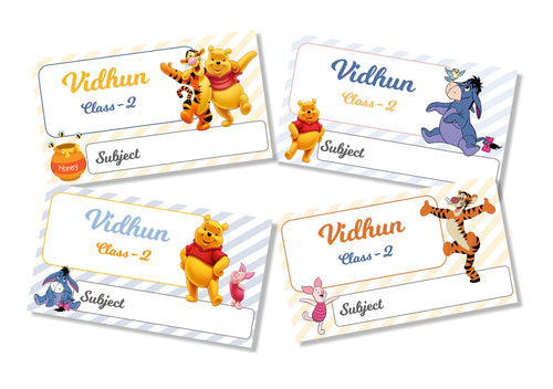Set of adhesive book labels featuring Winnie the Pooh and friends with space for a child's name and class level.