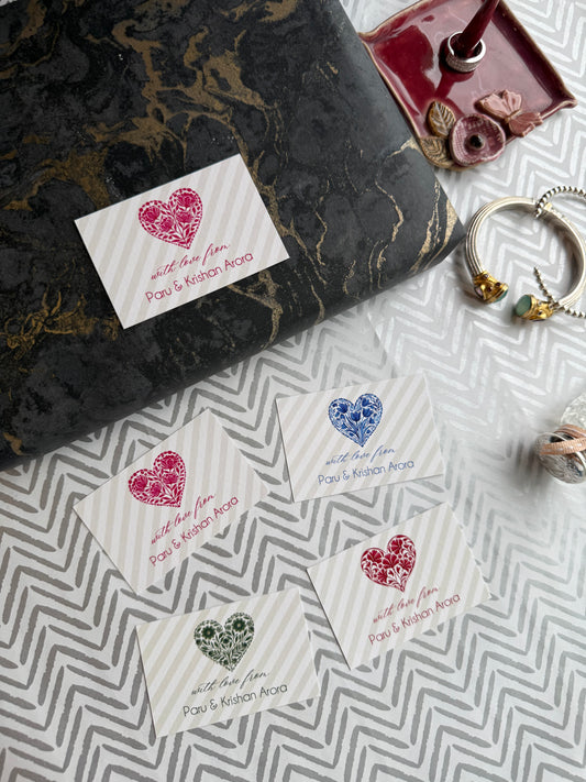 Set of 4 matching personalised gift cards feautring a heart with inlay design 