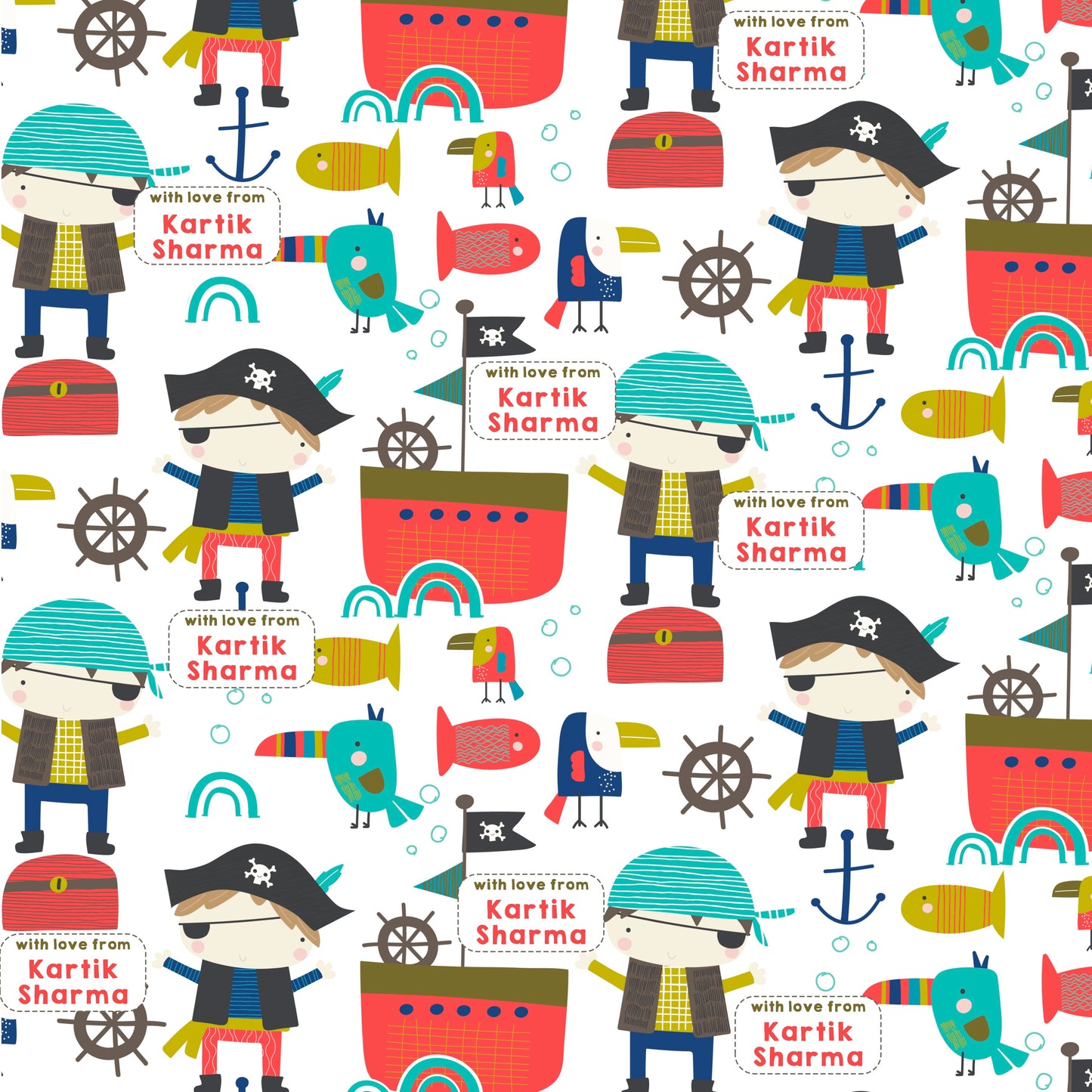 cute colourful pirates on a white background wrapping paper design