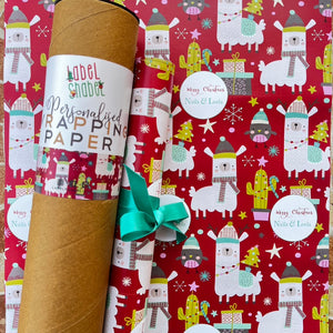 a wrapping paper with a Red background with Llama dressed for xmas