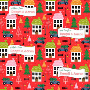 bright red xmas personalised wrapping paper featuring houses a car with a xmas tree on it personalised with a name