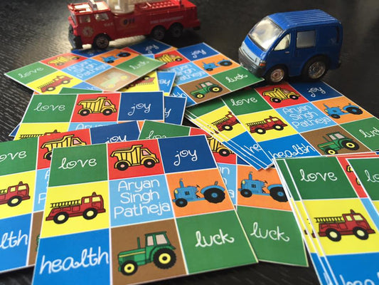 red blue green yellow orange monster wheel truck design gift labels
