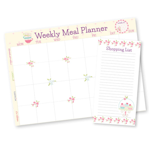 meal planner with matching Shopping list pad in pastel pink flowers