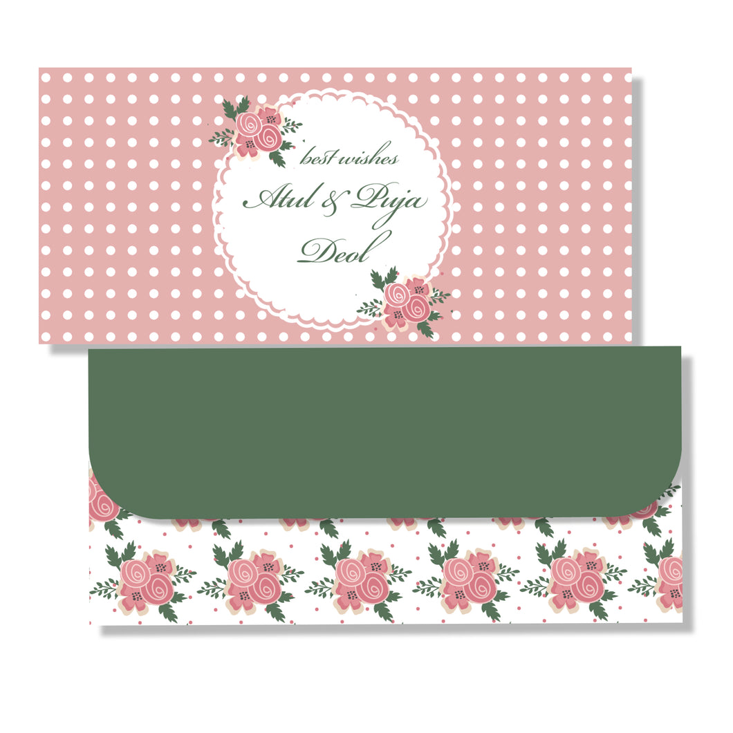 Pink roses and polka dots personalised money envelope