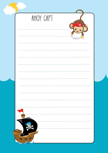 blue pirate theme lined note pad with monkey and pirate boat