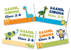 animal safari themed school book name labels in bold colours