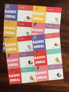 school book labels in bright colours with birds design