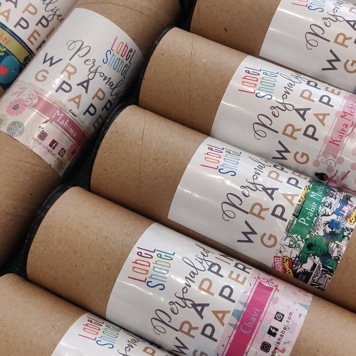 Personalised wrapping paper for birthday return gifts label shabel