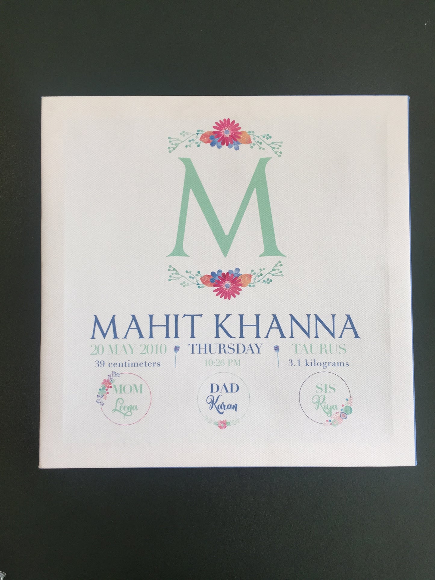 Canvas printed wall art with monogram and baby birth stats