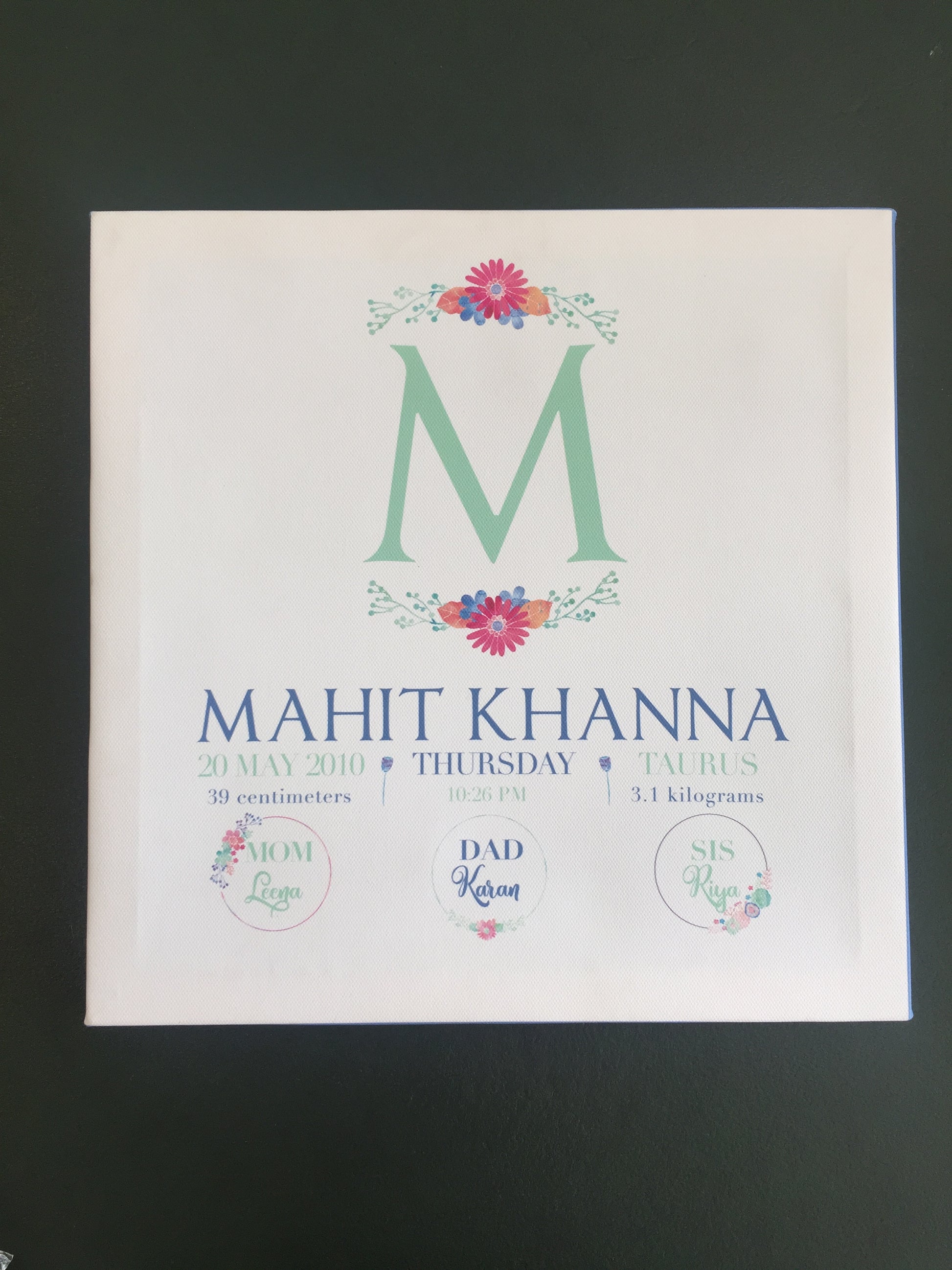 Canvas printed wall art with monogram and baby birth stats