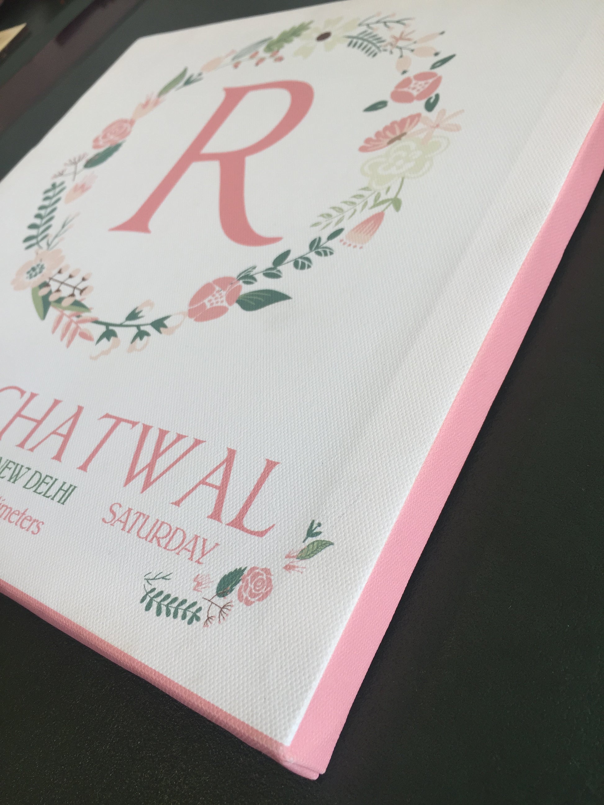 monogram and wreath canvas poster with peach border