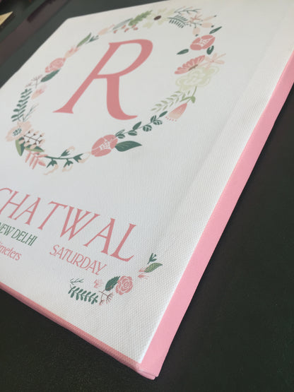 monogram and wreath canvas poster with peach border
