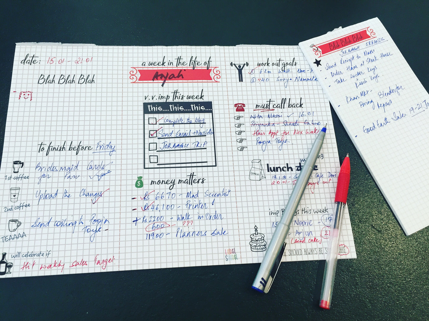 Weekly desk planner  and list pad with graph paper design and doodle art Label Shabel