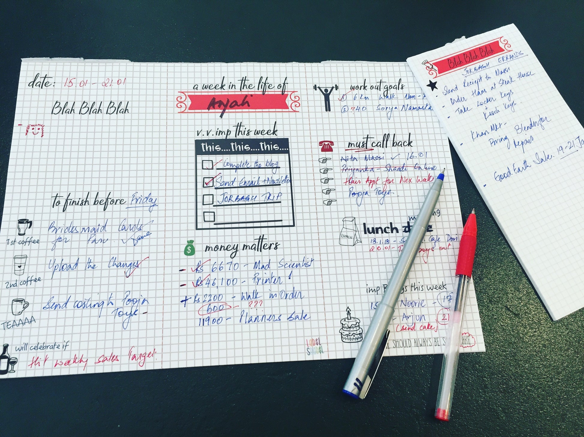 Weekly desk planner  and list pad with graph paper design and doodle art Label Shabel