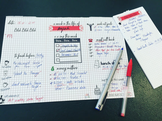 Weekly desk planner  and list pad with graph paper design and doodle art Label Shabel
